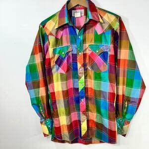 Vintage Pearl Snap Western Wear Shirt Caravan Bright Multicolored 14 1/2 x 33